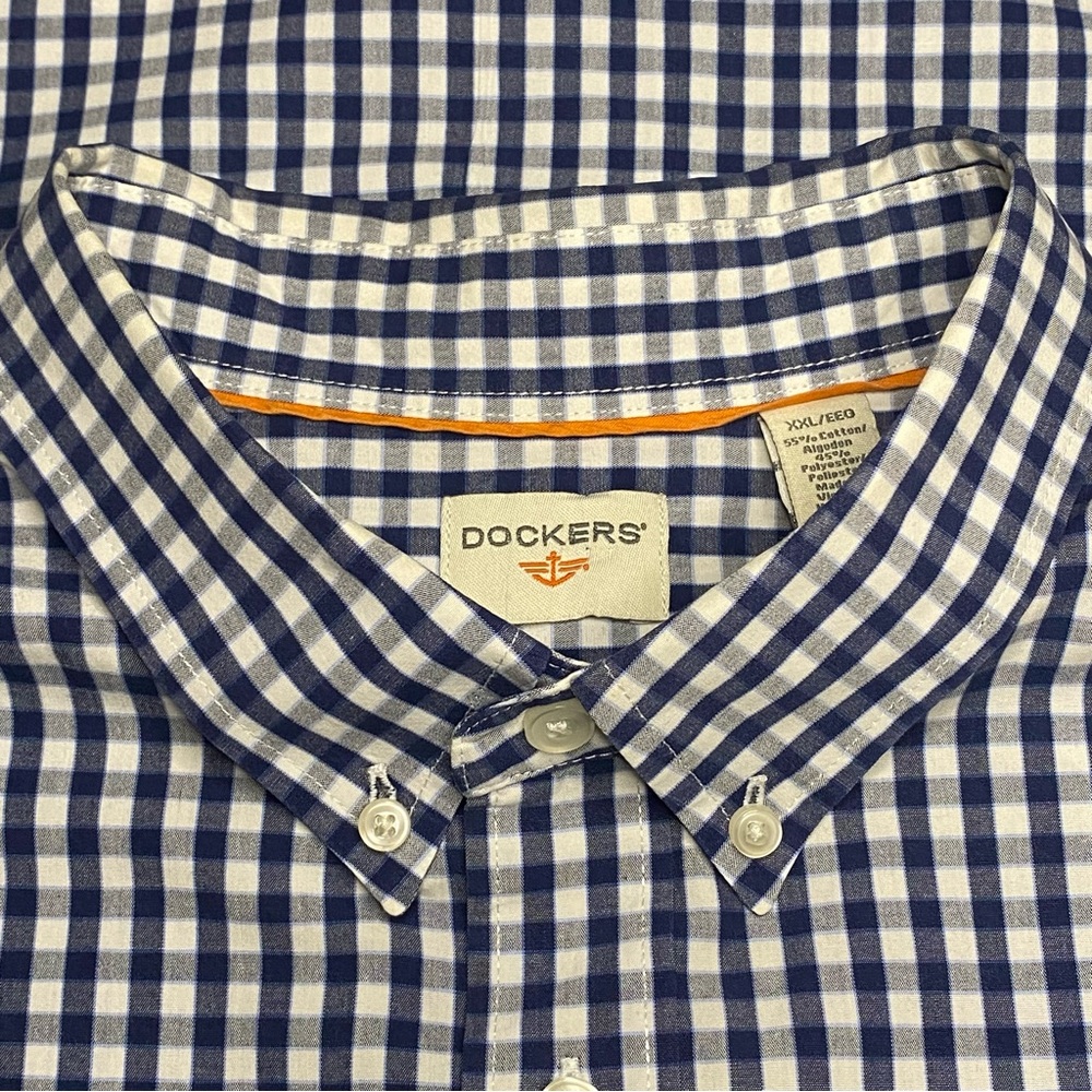 Dockers Long Sleeve Shirt Men XXL Blue White Gingham Button Down Office Preppy